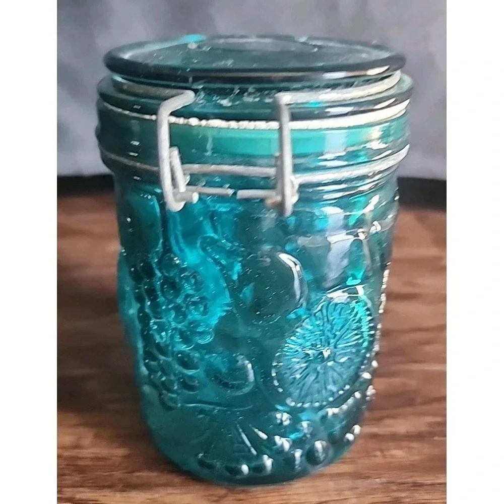 Vintage Aqua  Wired Jar Fruit Design Bail Type Lighting Jar Canning Decor